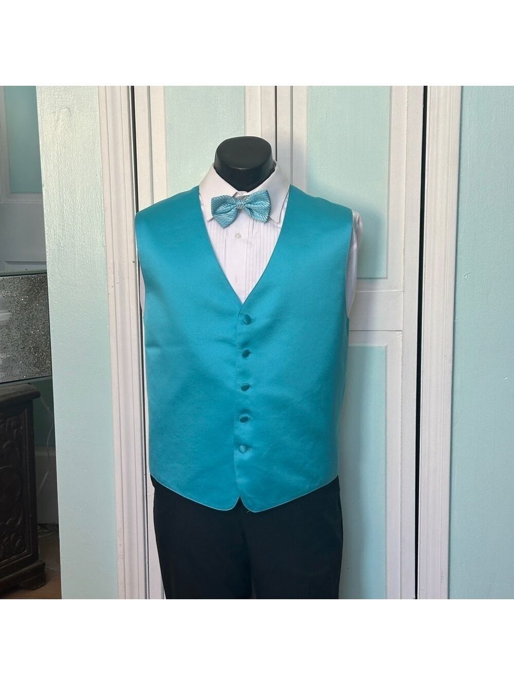 Aqua Pool Turquoise Satin Vest bow tie Costume Theatre Men’s XL Damaged